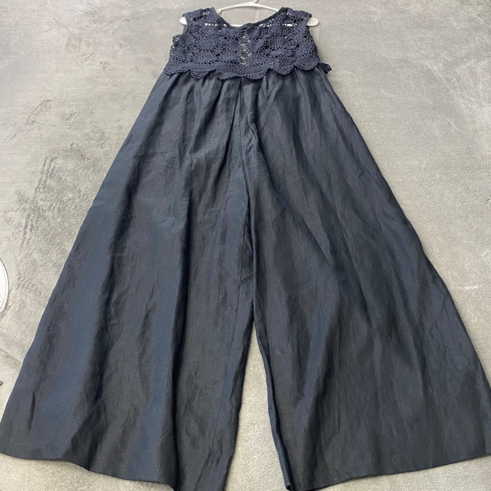 Laundry by Shelli Segal Jumpsuit Womens 10 Black Linen Lace Wide Leg D5296 Prepy